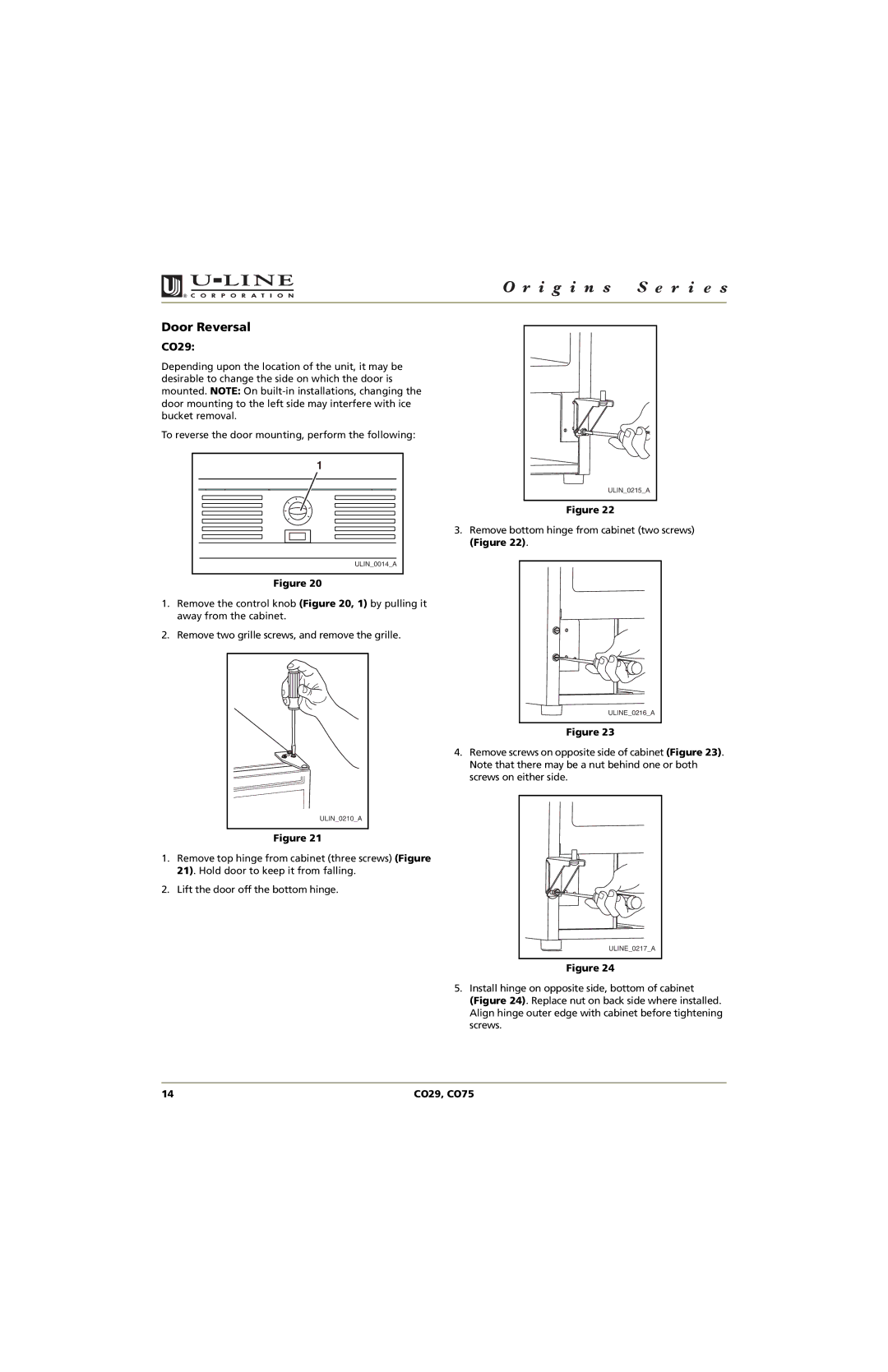 U-Line CO29, CO75 manual Door Reversal 