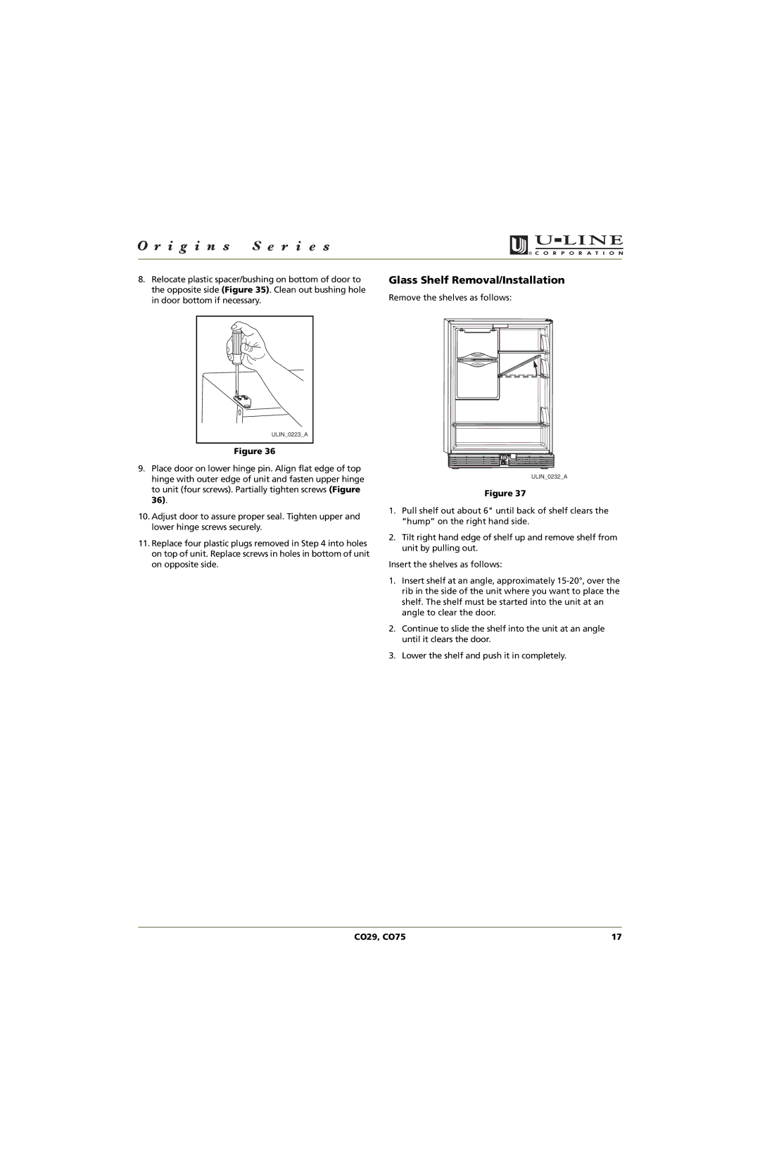 U-Line CO75, CO29 manual Glass Shelf Removal/Installation 