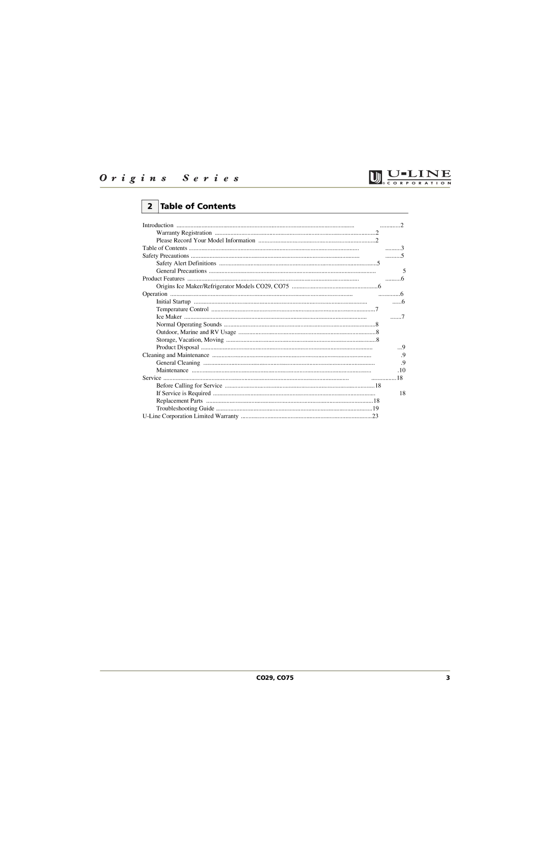 U-Line CO75, CO29 manual Table of Contents 