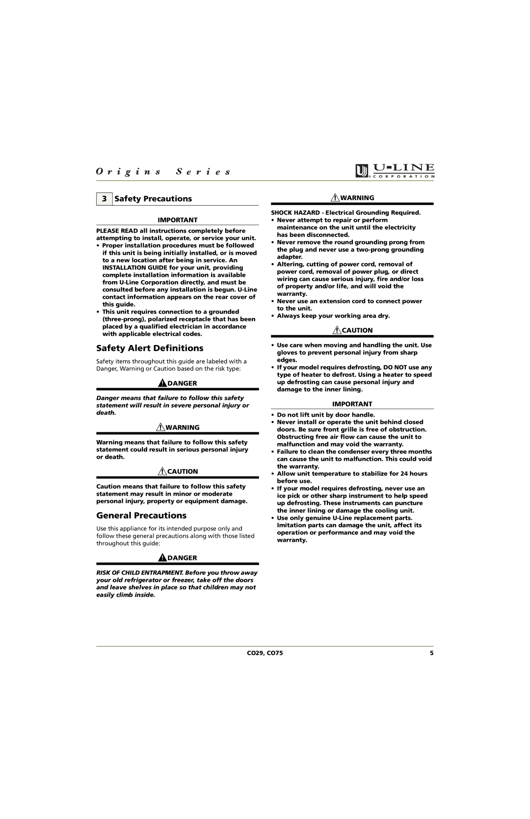 U-Line CO75, CO29 manual Safety Alert Definitions, General Precautions, Safety Precautions 