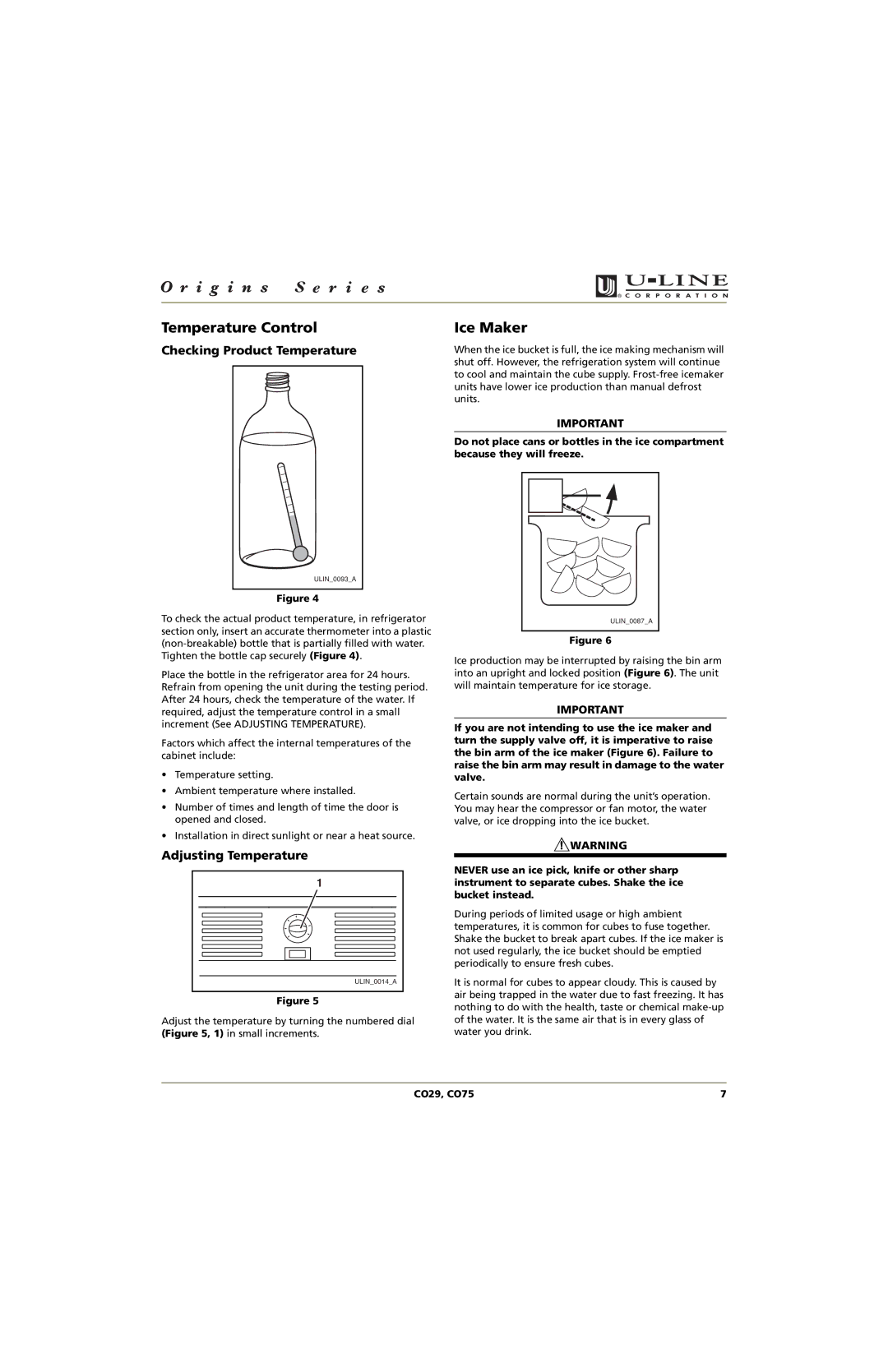 U-Line CO75, CO29 manual Temperature Control, Ice Maker, Checking Product Temperature, Adjusting Temperature 