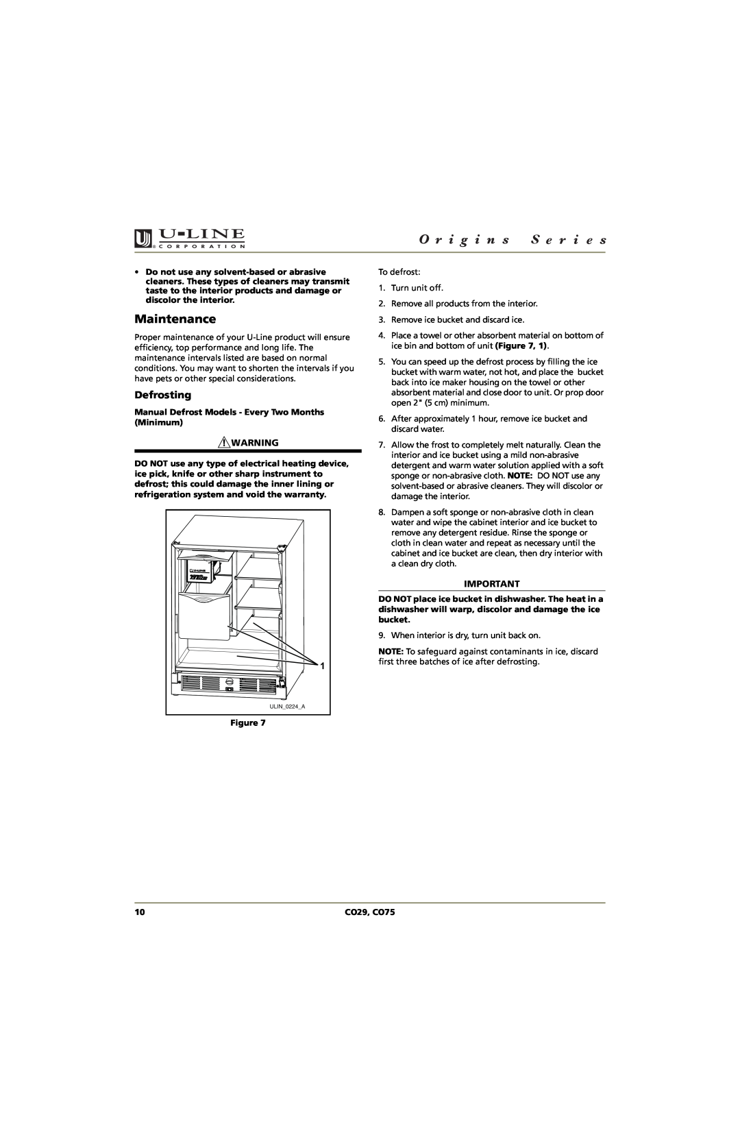 U-Line CO29, CO75 manual Maintenance, Defrosting 