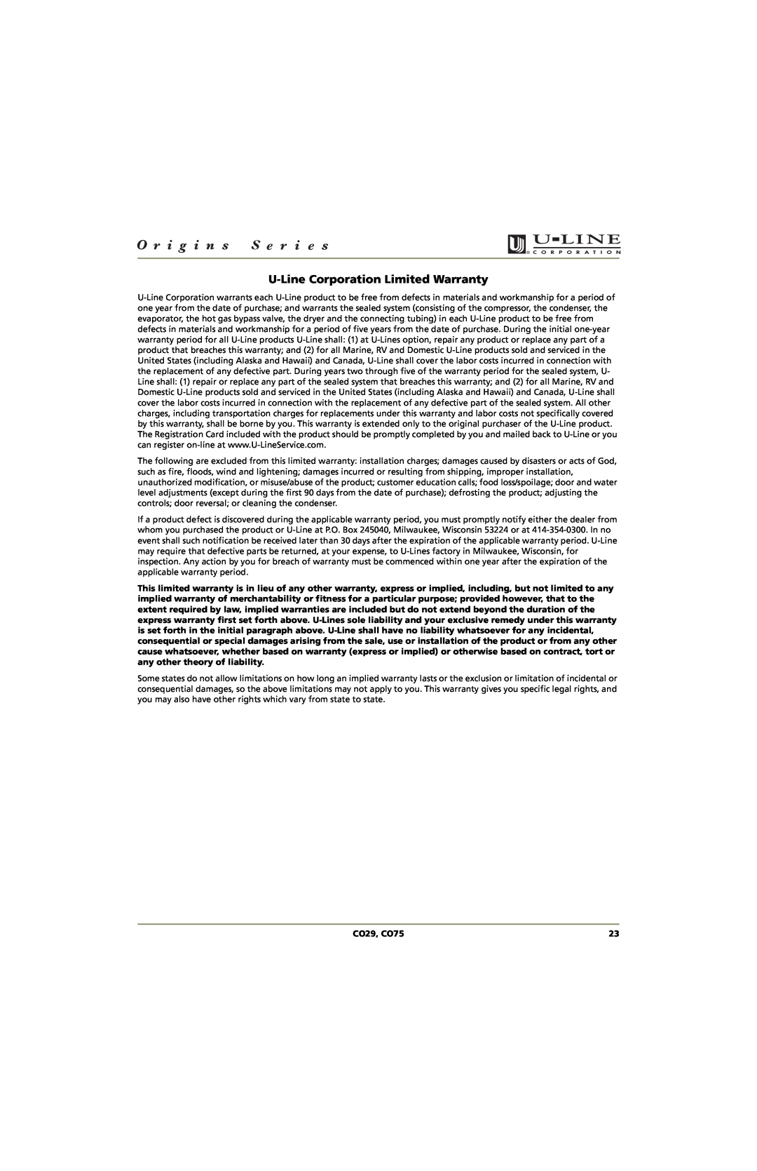 U-Line manual U-LineCorporation Limited Warranty, CO29, CO75 