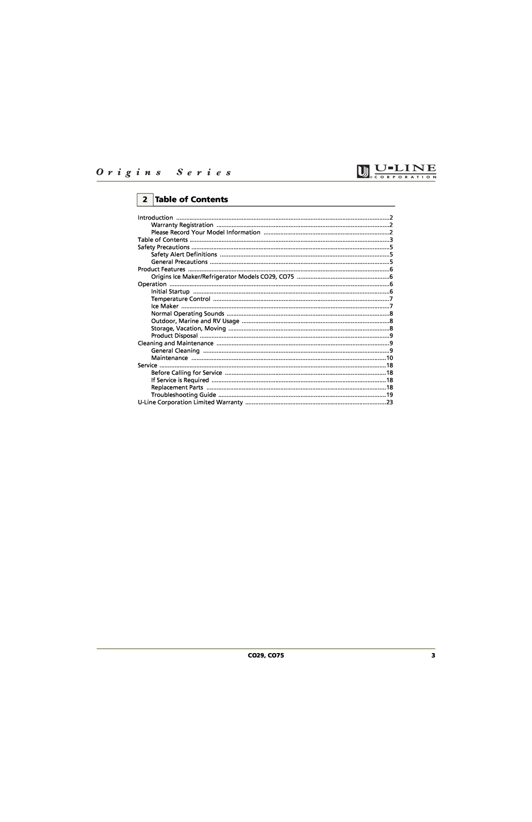 U-Line manual Table of Contents, CO29, CO75 