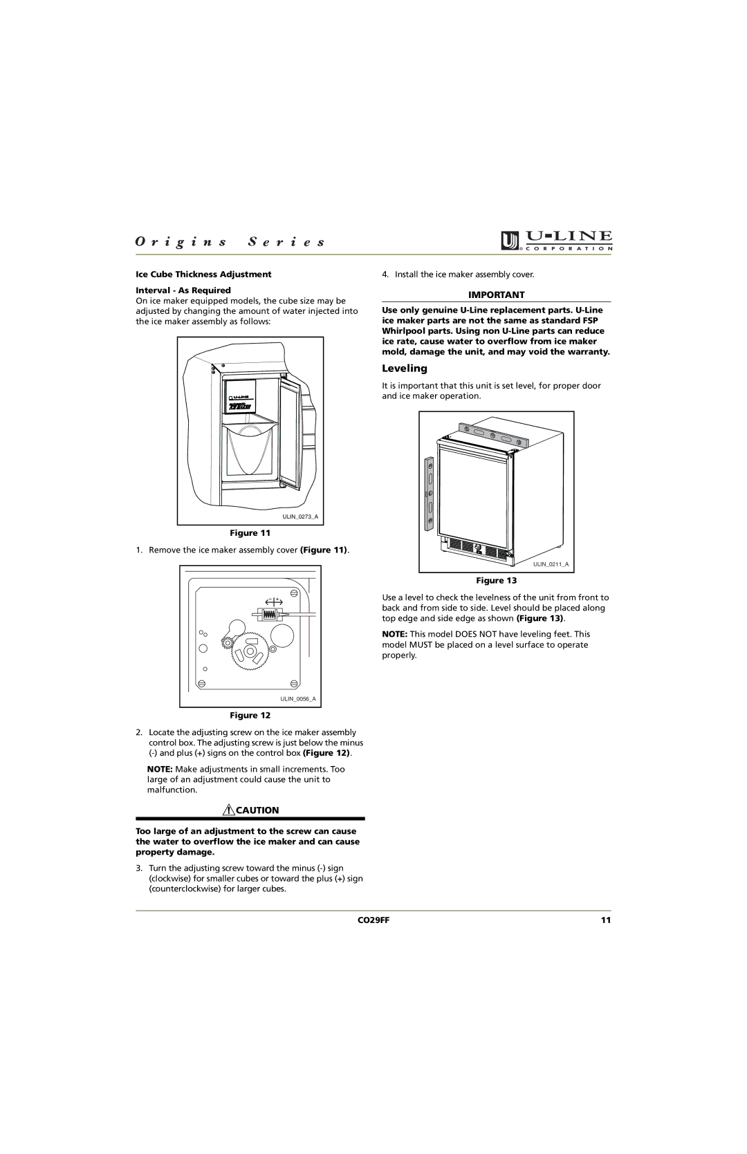 U-Line CO29FF manual Leveling, Ice Cube Thickness Adjustment Interval As Required 