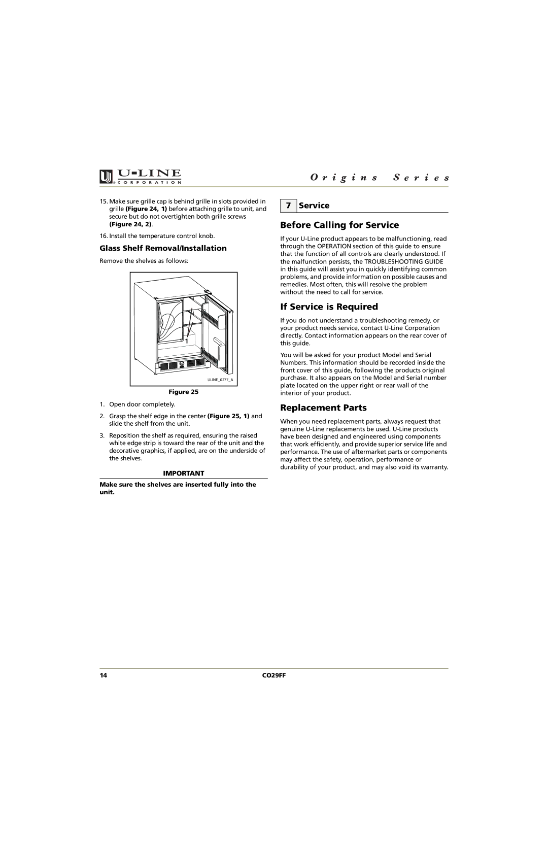 U-Line CO29FF Before Calling for Service, If Service is Required, Replacement Parts, Glass Shelf Removal/Installation 