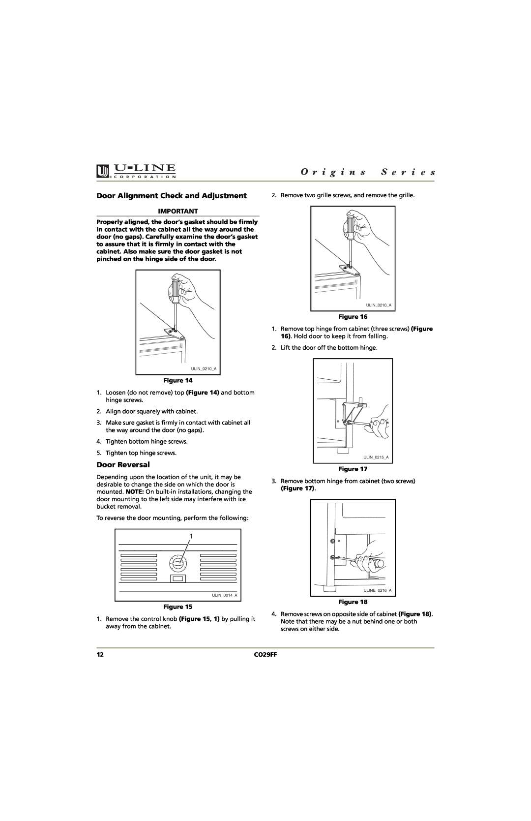 U-Line CO29FF manual Door Alignment Check and Adjustment, Door Reversal 