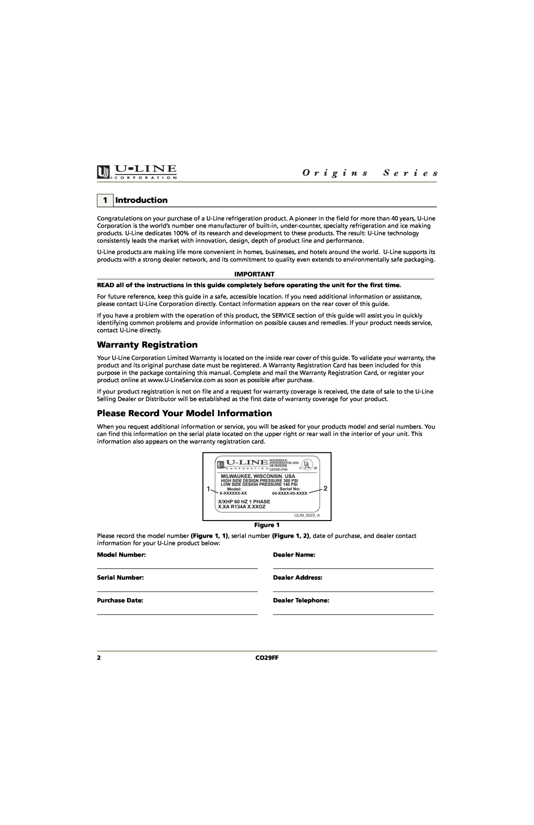 U-Line CO29FF manual Warranty Registration, Please Record Your Model Information, Introduction 