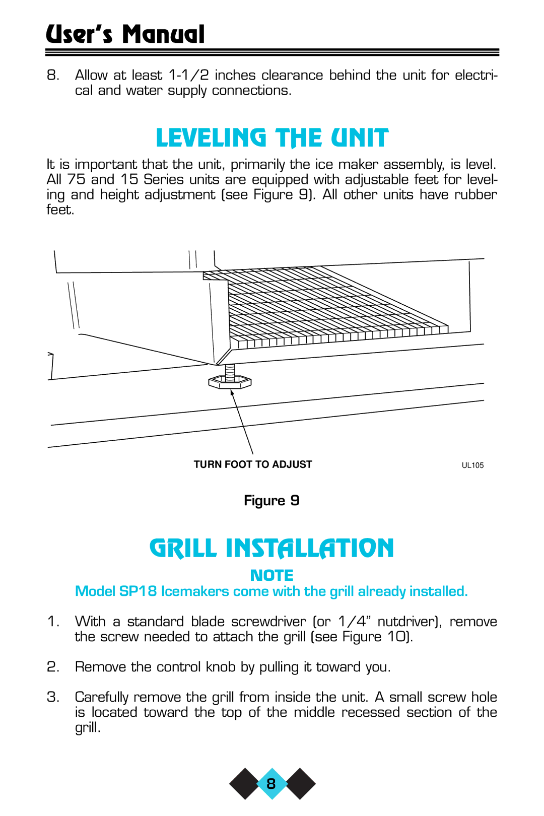 U-Line ICE-MAKER/REFRIGERATOR user manual Leveling the Unit, Grill Installation 