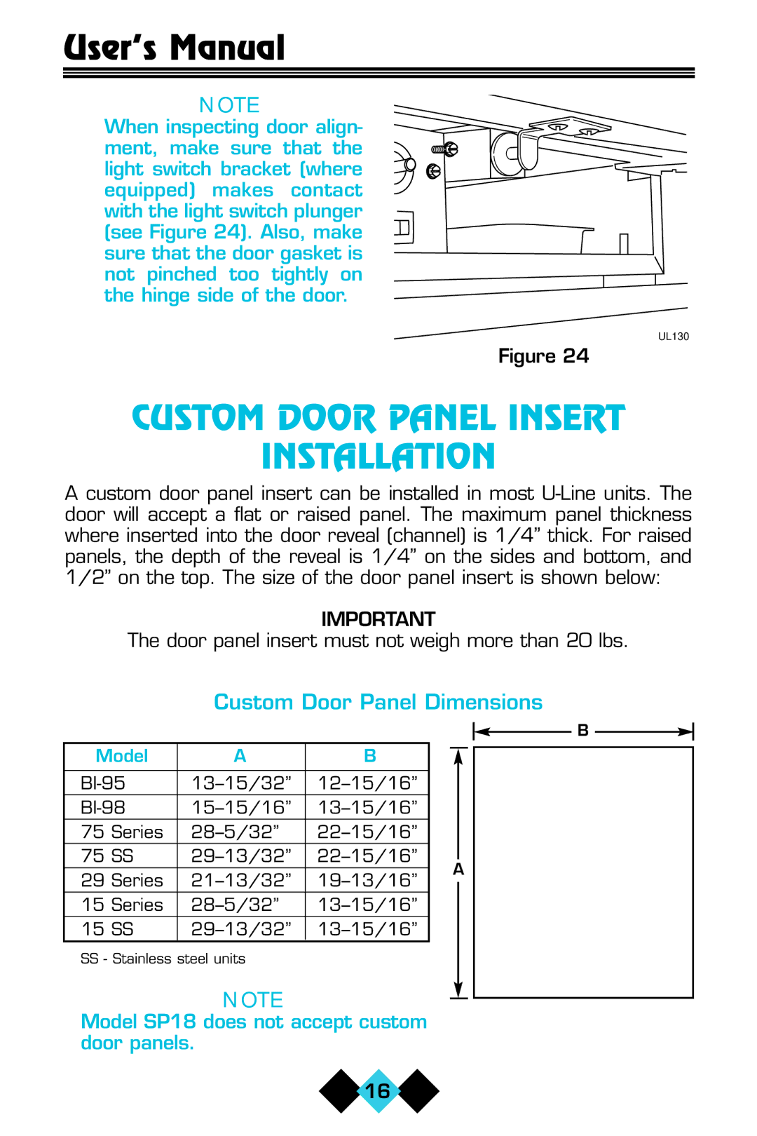 U-Line ICE-MAKER/REFRIGERATOR user manual Custom Door Panel Insert Installation, Custom Door Panel Dimensions 