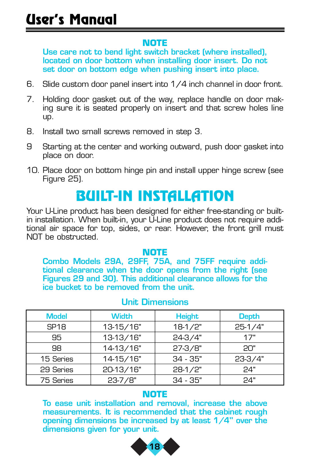 U-Line ICE-MAKER/REFRIGERATOR user manual BUILT-IN Installation, Unit Dimensions 