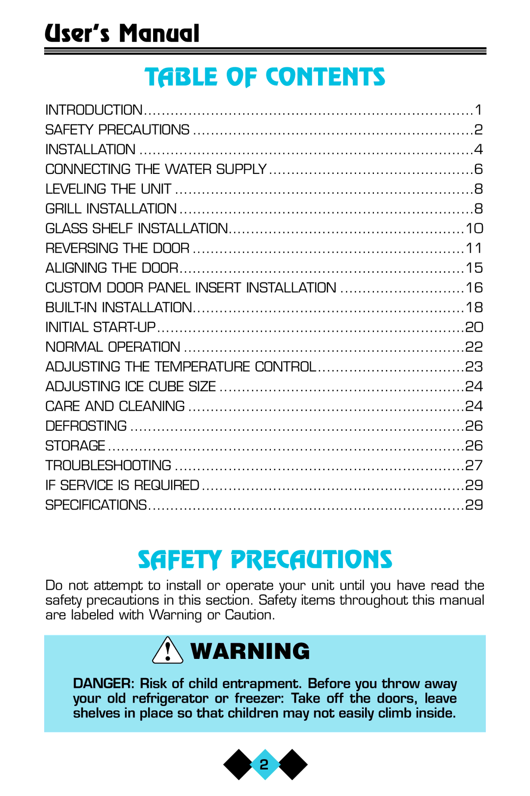 U-Line ICE-MAKER/REFRIGERATOR user manual Table of Contents, Safety Precautions 