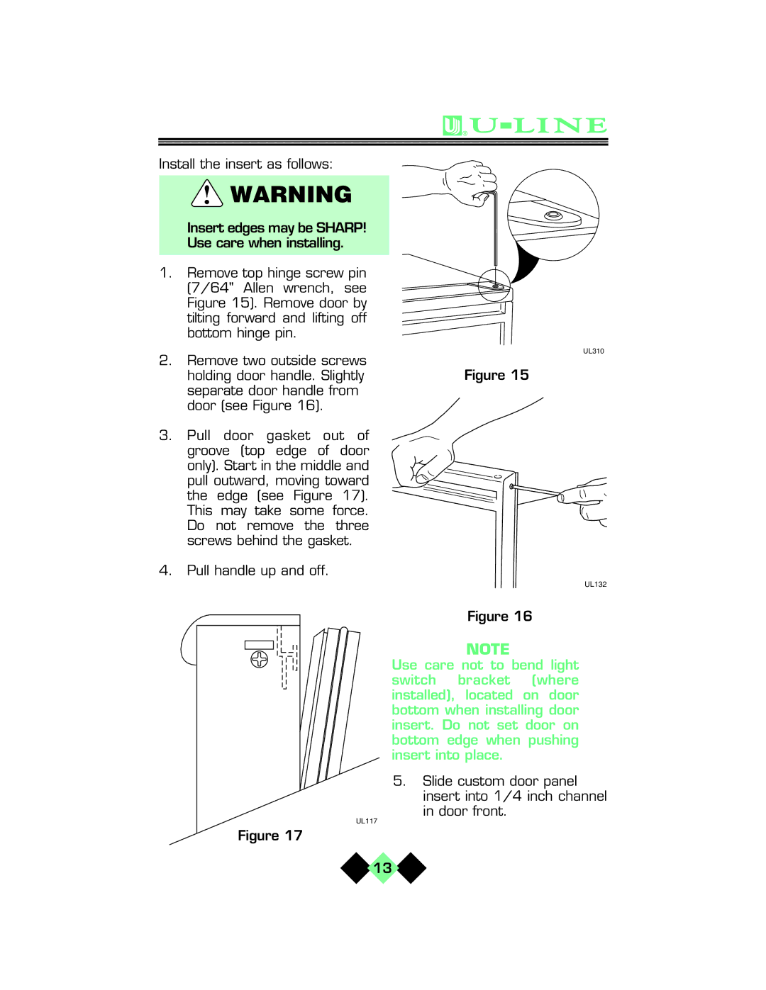 U-Line pmn manual Use care not to bend light 