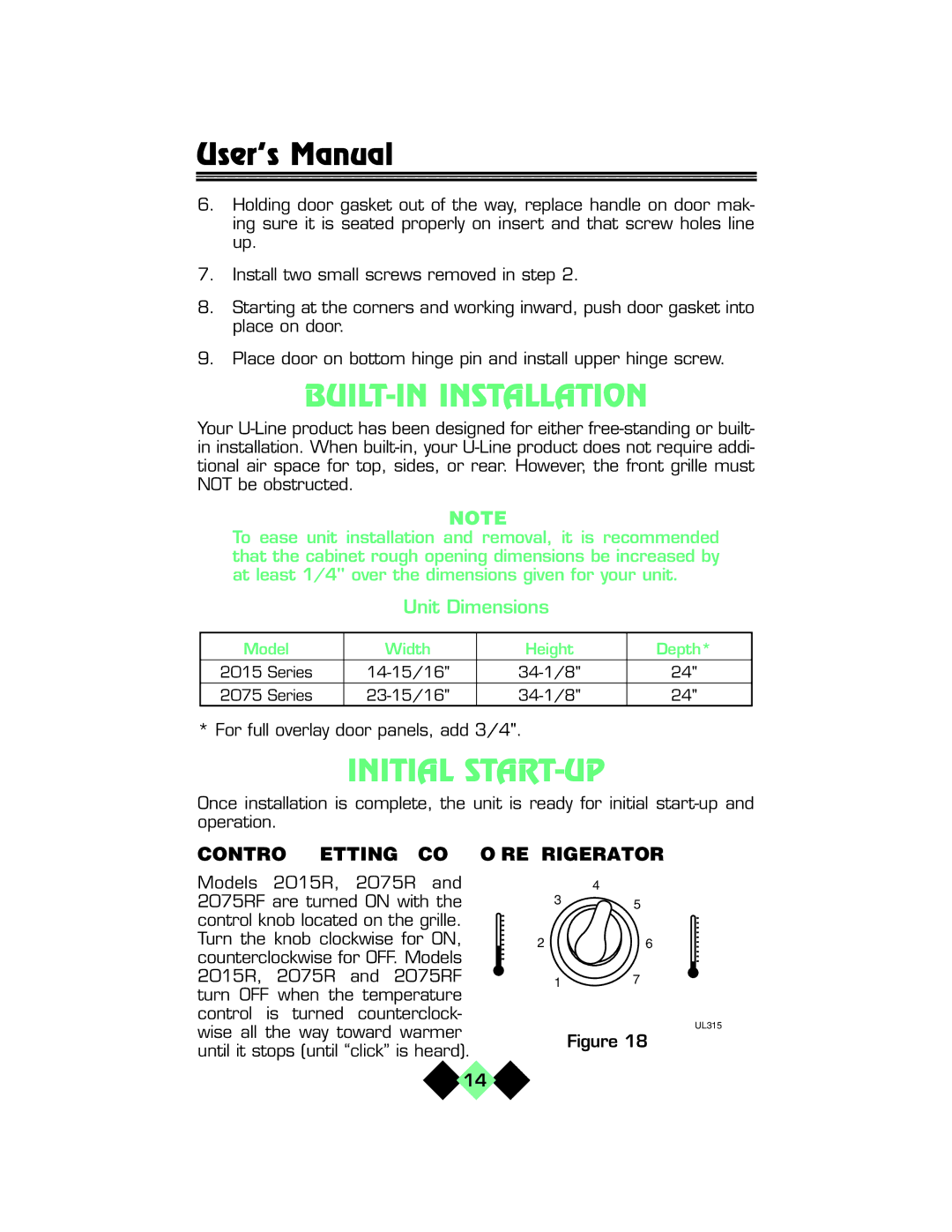 U-Line pmn manual BUILT-IN Installation, Initial START-UP, Control SETTINGS-COMBO/REFRIGERATOR 