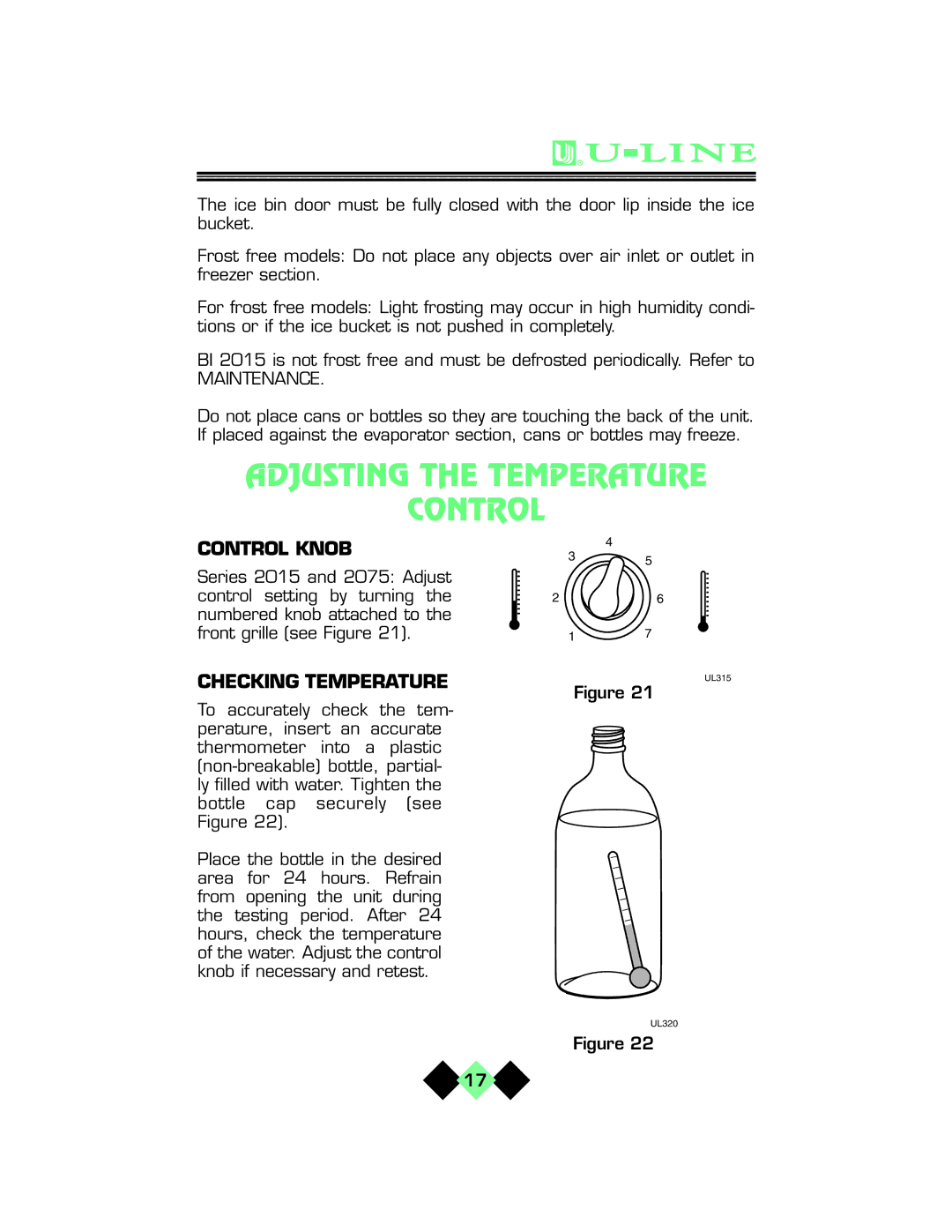 U-Line pmn manual Adjusting the Temperature Control, Control Knob, Checking Temperature 