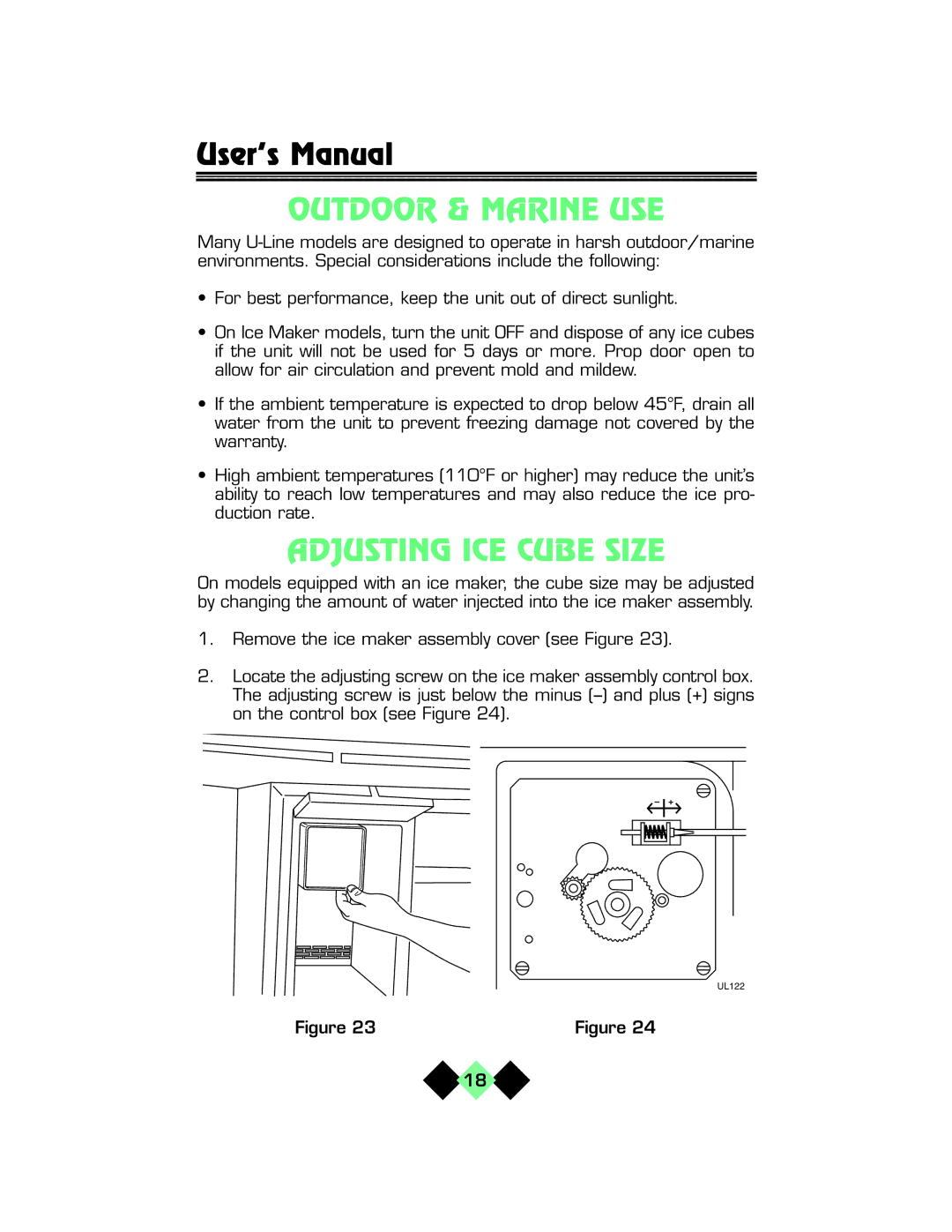 U-Line pmn manual Outdoor & Marine USE, Adjusting ICE Cube Size 