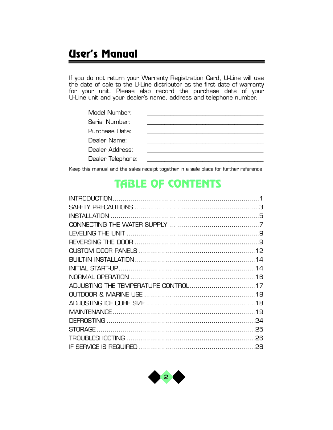 U-Line pmn manual Table of Contents 