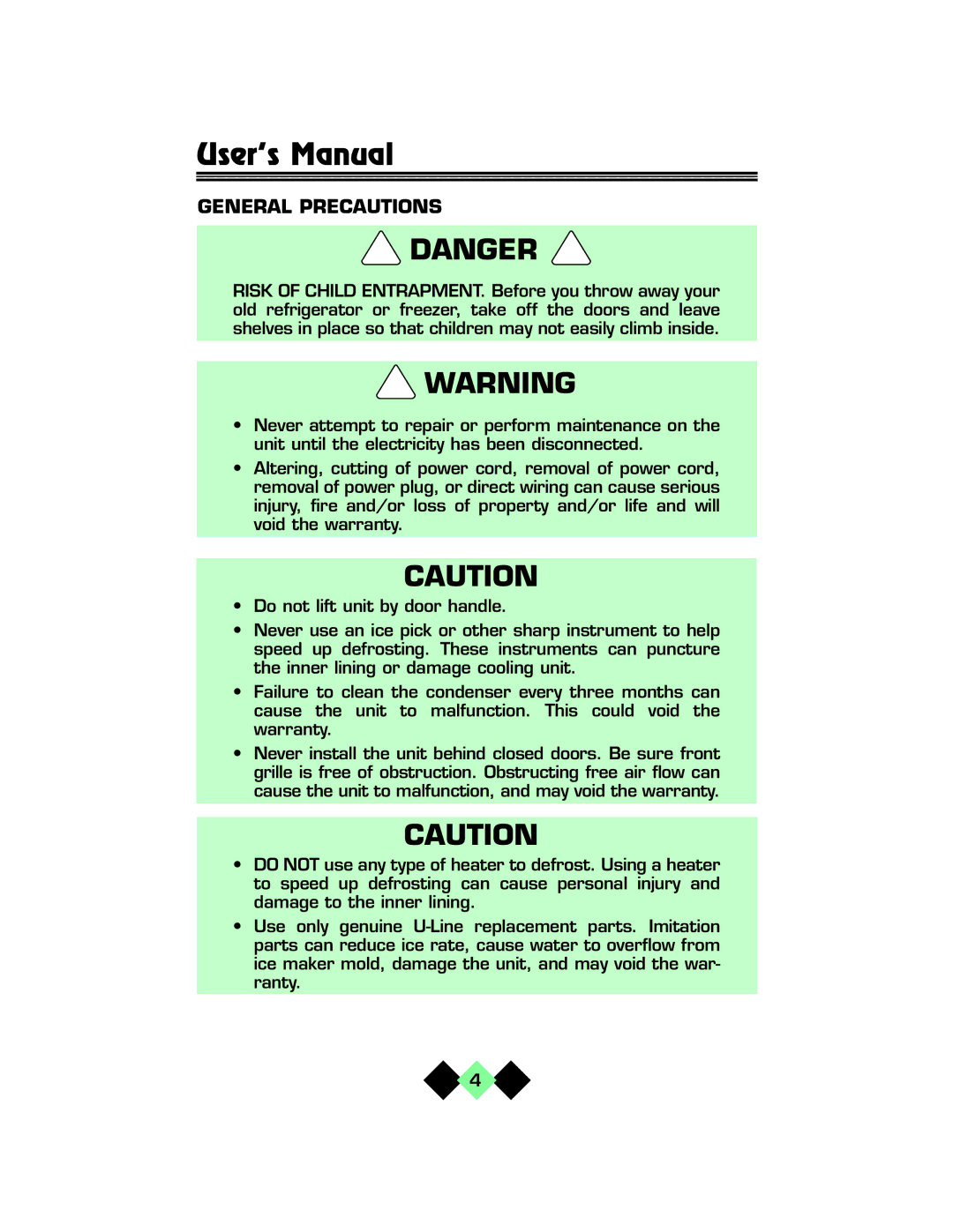 U-Line pmn manual General Precautions 