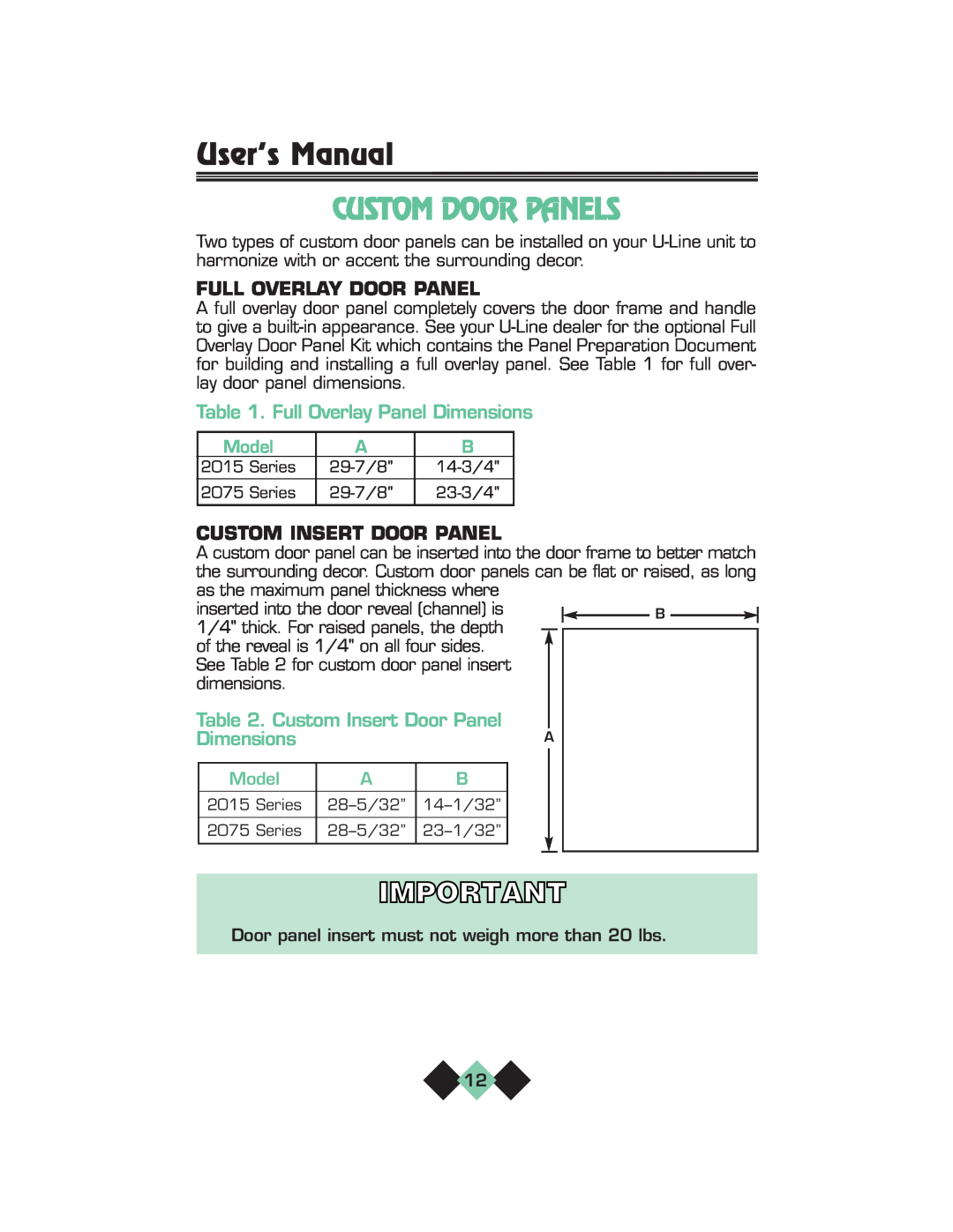 U-Line pmn Custom Door Panels, Full Overlay Door Panel, Full Overlay Panel Dimensions, Custom Insert Door Panel, Model 