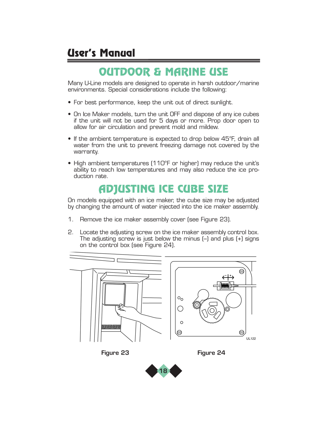 U-Line pmn manual Outdoor & Marine Use, Adjusting Ice Cube Size, User’s Manual 