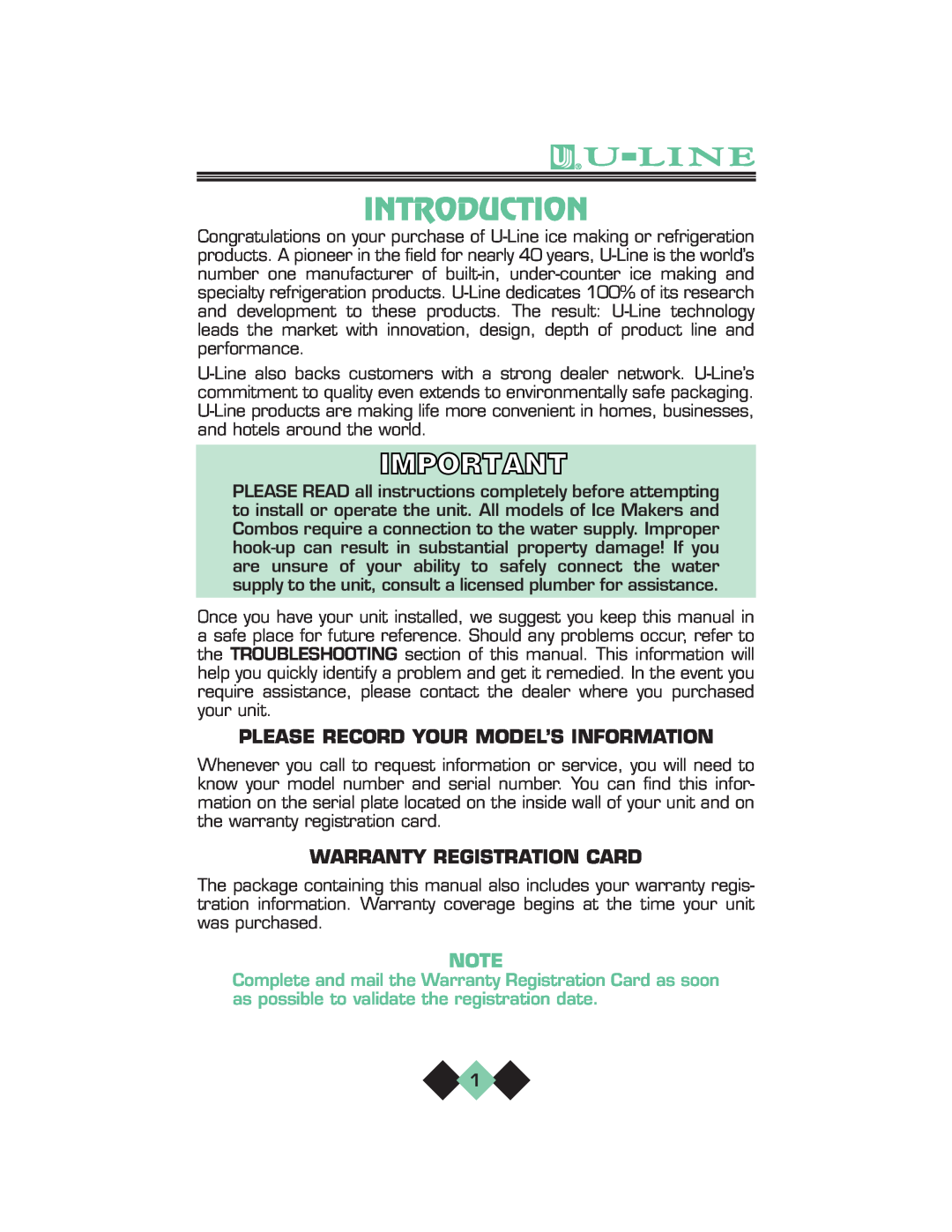 U-Line pmn manual Introduction, Please Record Your Model’S Information, Warranty Registration Card 