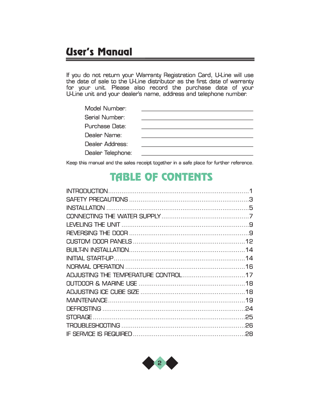 U-Line pmn manual User’s Manual, Table Of Contents 