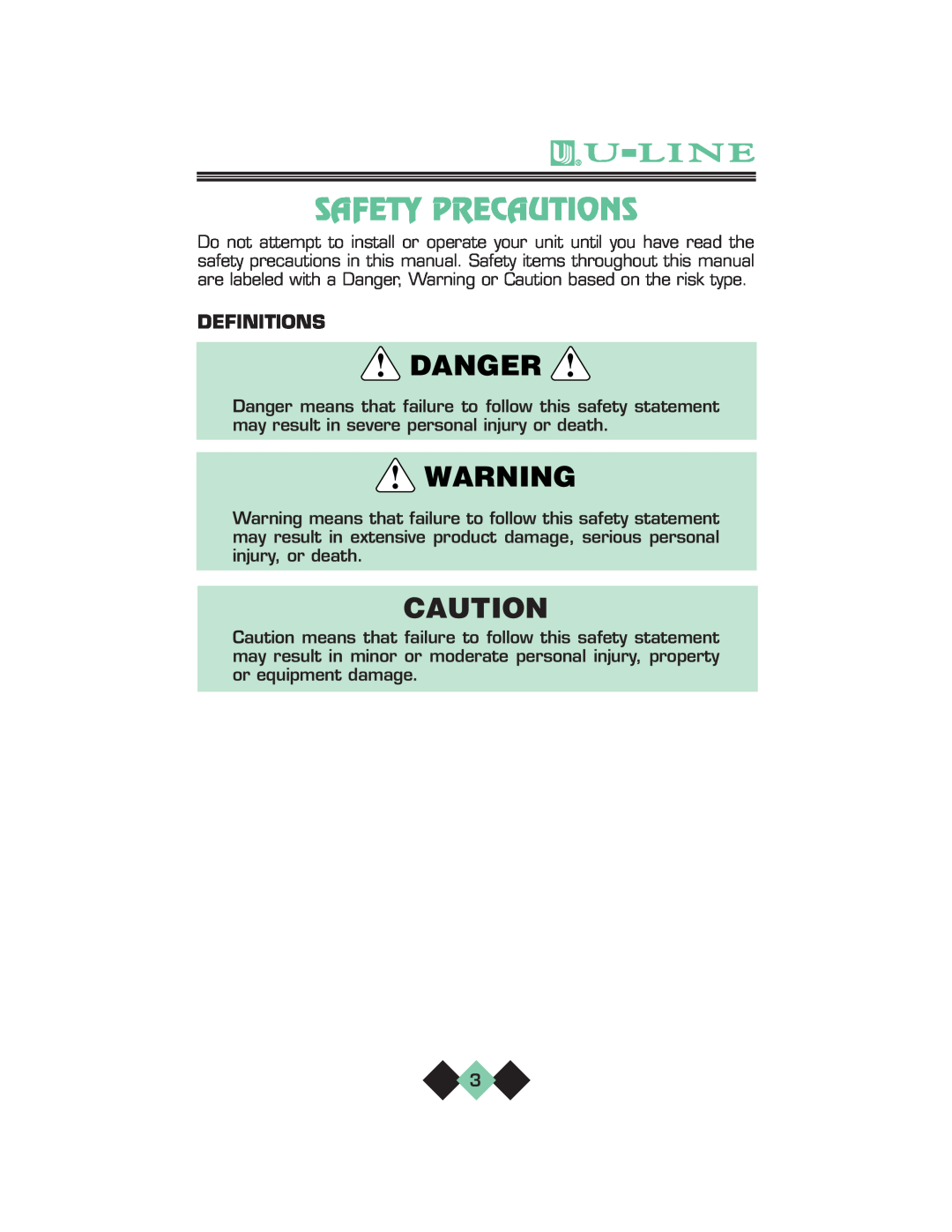 U-Line pmn manual Safety Precautions, Danger, Definitions 
