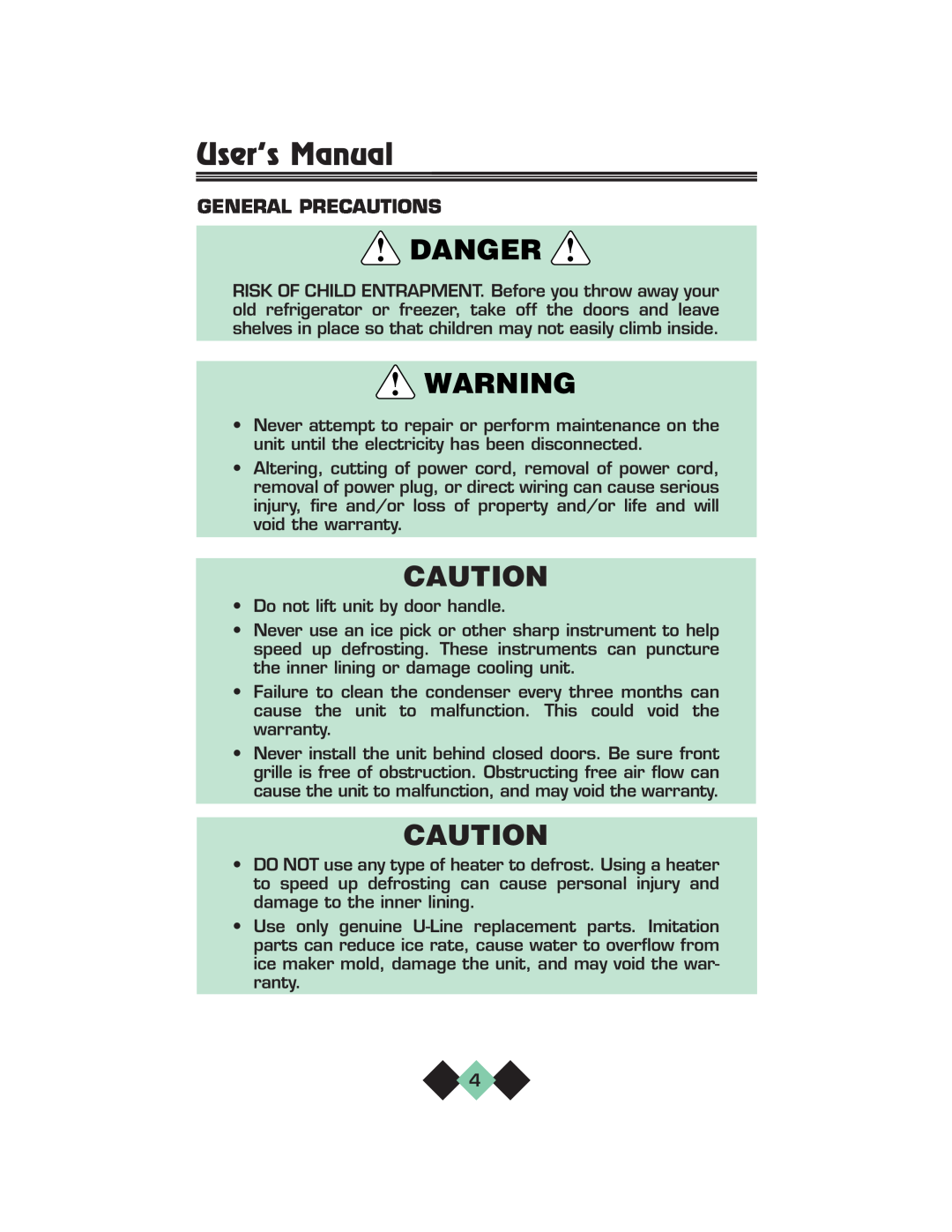 U-Line pmn manual General Precautions, User’s Manual, Danger 