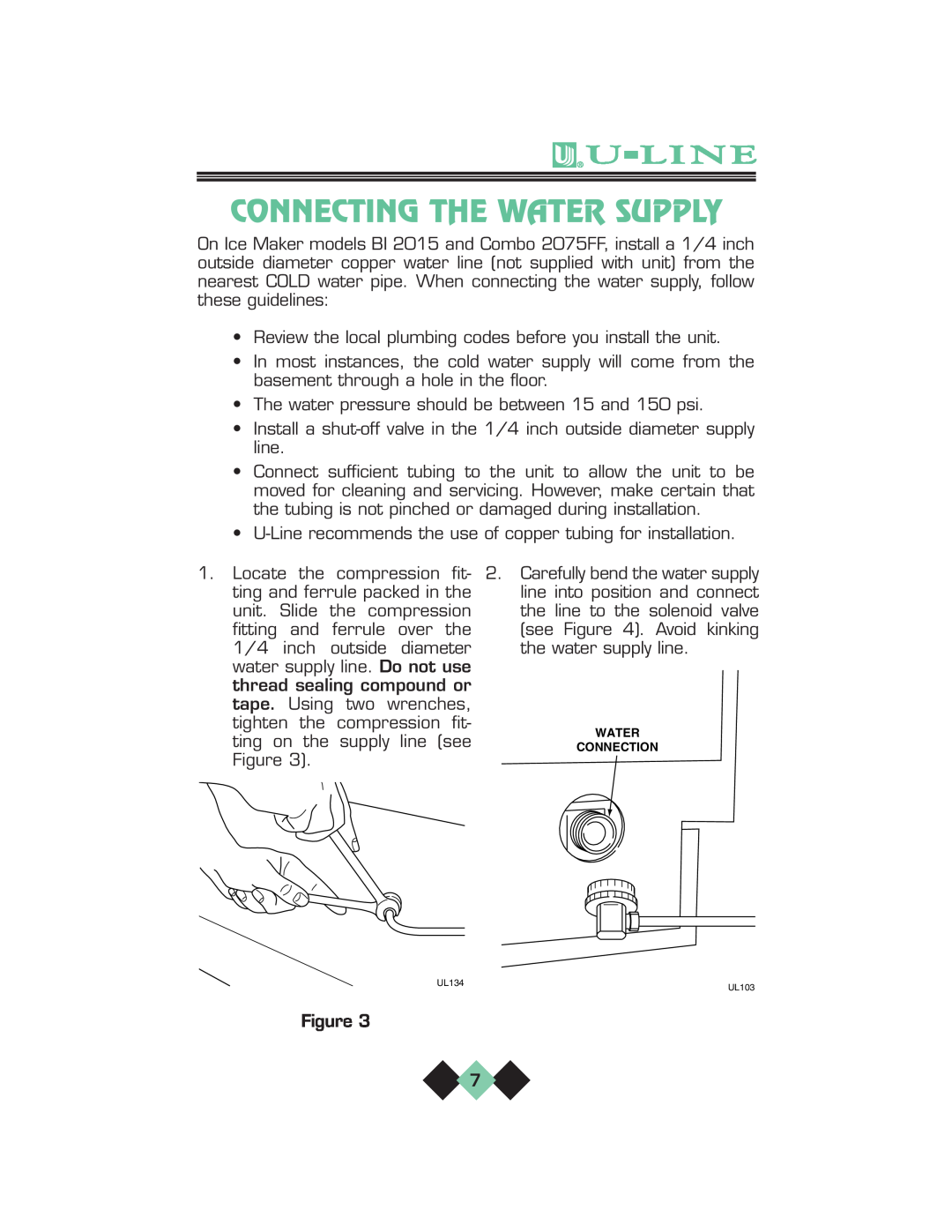 U-Line pmn manual Connecting The Water Supply, Connection 