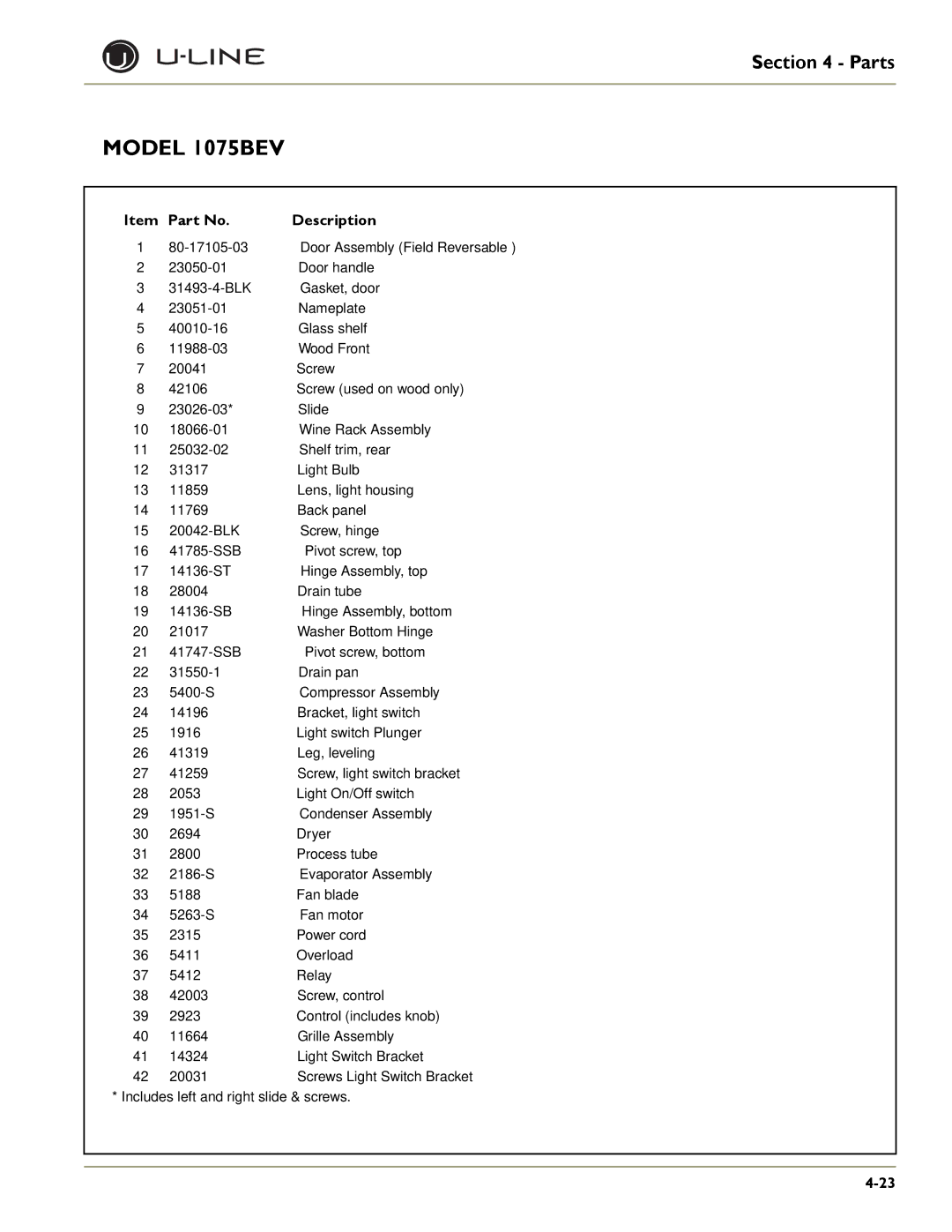 U-Line U-1075WC, SP 18, U-1075BEV, U-CO29A, ULN-98, U-CO29F, ULN-95, BI-2115, U-CO1175, ULN-29R, ADA15IM, ULN-SS1095 80-17105-03 