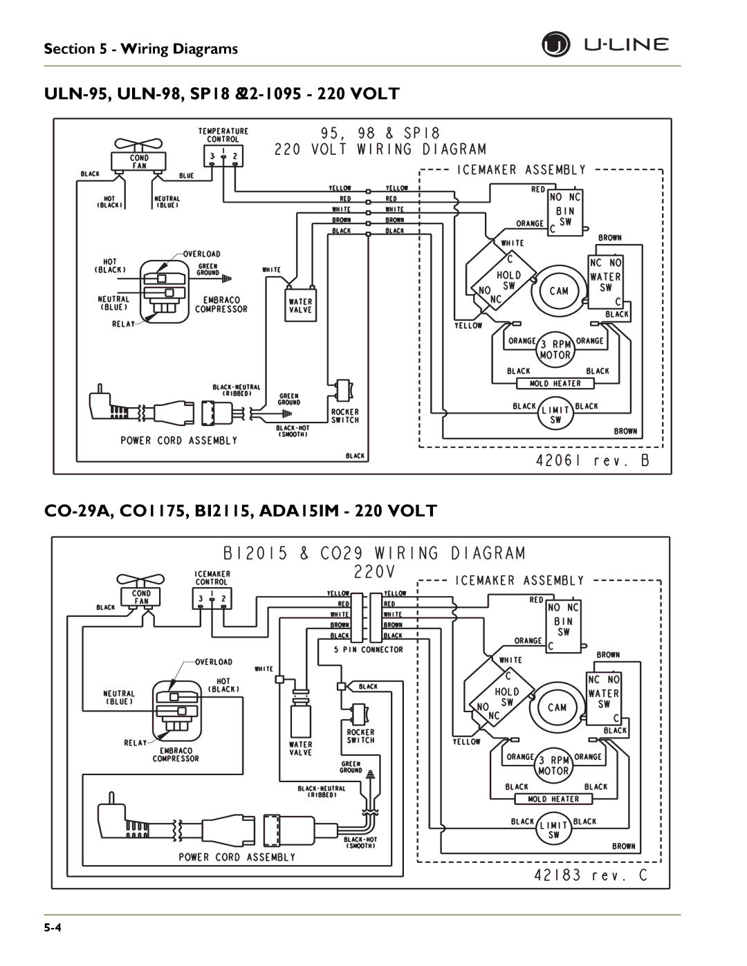 U-Line U-CO29F, SP 18, U-1075BEV, U-1075WC, U-CO29A, ULN-98, ULN-95, BI-2115, U-CO1175, ULN-29R, ADA15IM, ULN-SS1095 Wiring Diagrams 