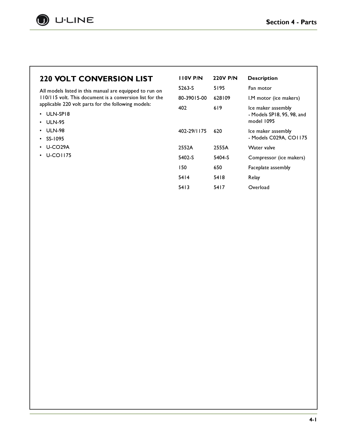 U-Line ULN-98, SP 18, U-1075BEV, U-1075WC, U-CO29A, U-CO29F Volt Conversion List, Parts, 110V P/N, 220V P/N, Description 