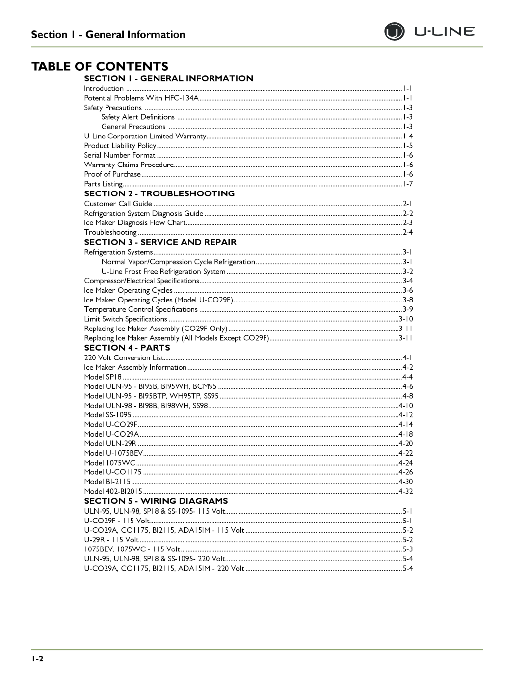 U-Line U-CO29A, SP 18 Table Of Contents, General Information, Troubleshooting, Service And Repair, Parts, Wiring Diagrams 