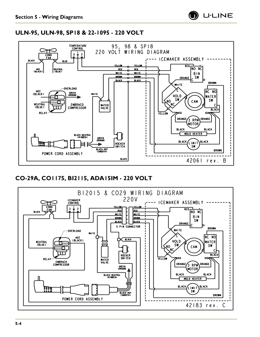 U-Line U-CO29F, SP 18 ULN-95, ULN-98,SP18 & 22-1095- 220 VOLT, CO-29A,CO1175, BI2115, ADA15IM - 220 VOLT, Wiring Diagrams 