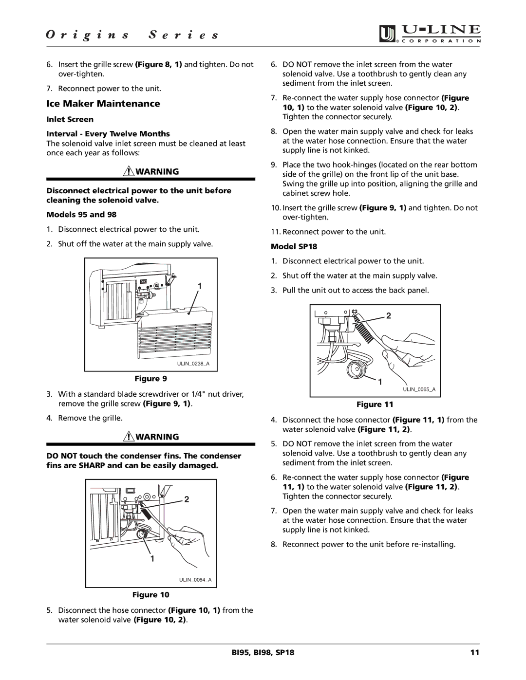 U-Line BI95, BI98 manual Ice Maker Maintenance, Inlet Screen Interval Every Twelve Months, Model SP18 