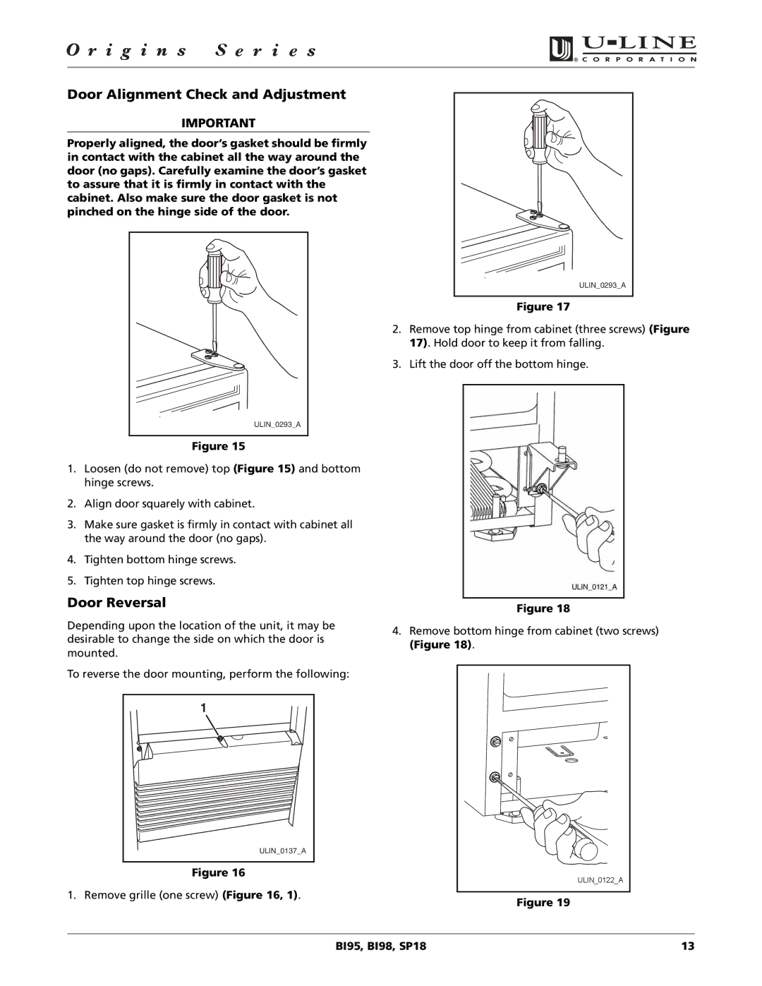 U-Line BI98, SP18, BI95 manual Door Alignment Check and Adjustment, Door Reversal 