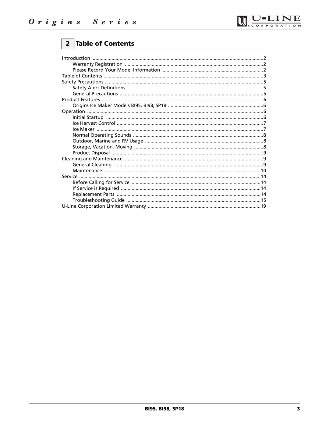 U-Line SP18, BI98, BI95 manual Table of Contents 