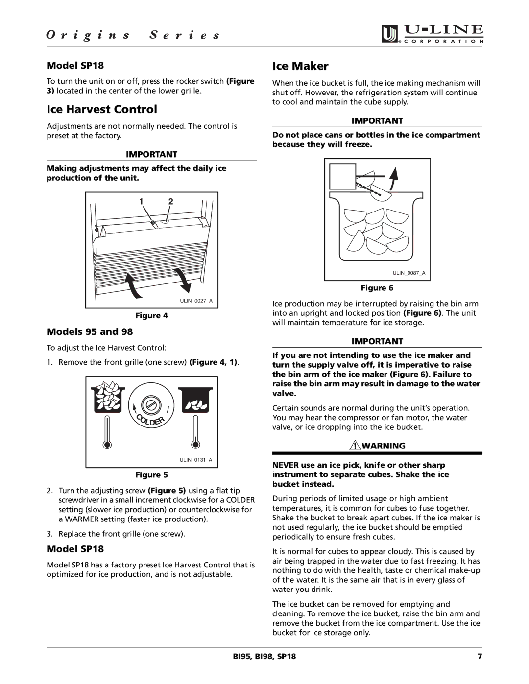 U-Line BI98, BI95 manual Ice Harvest Control, Ice Maker, Model SP18, Models 95 