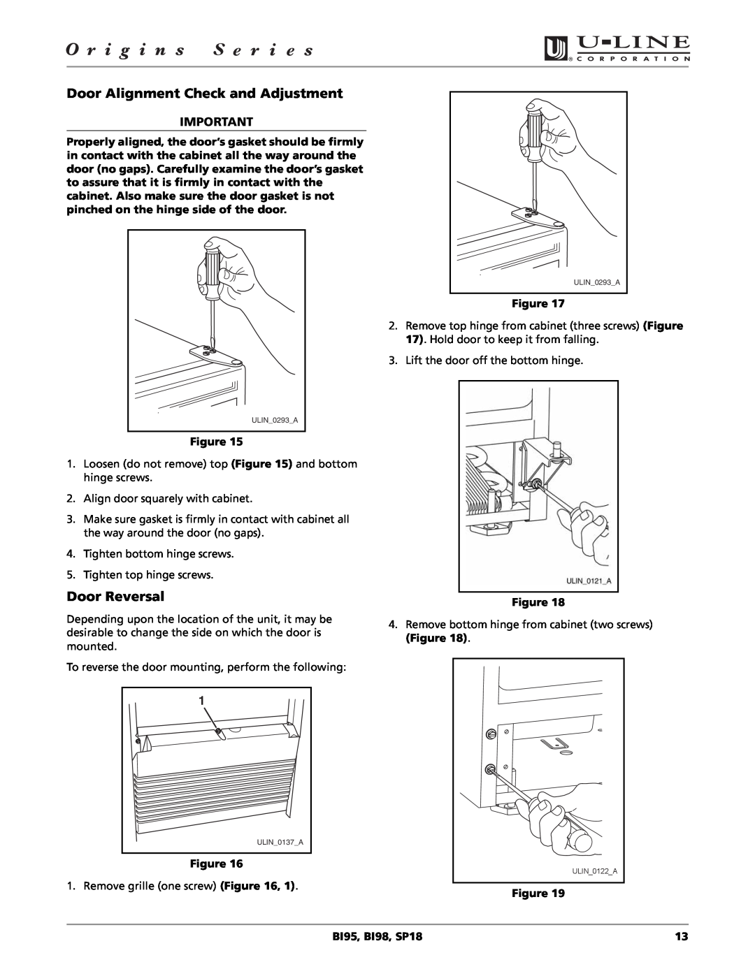 U-Line BI98, SP18, BI95 manual Door Alignment Check and Adjustment, Door Reversal 