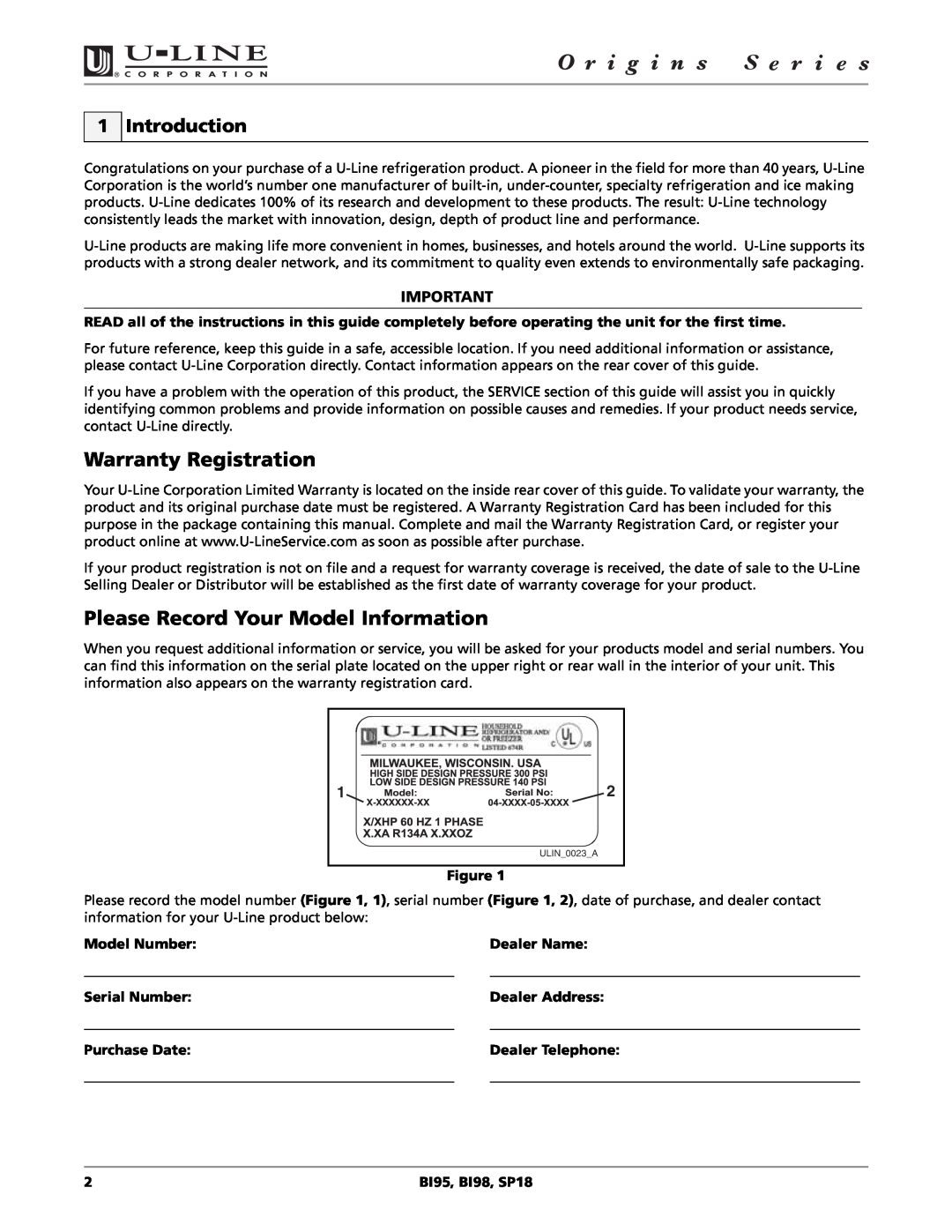 U-Line BI95, SP18, BI98 manual Warranty Registration, Please Record Your Model Information, Introduction 