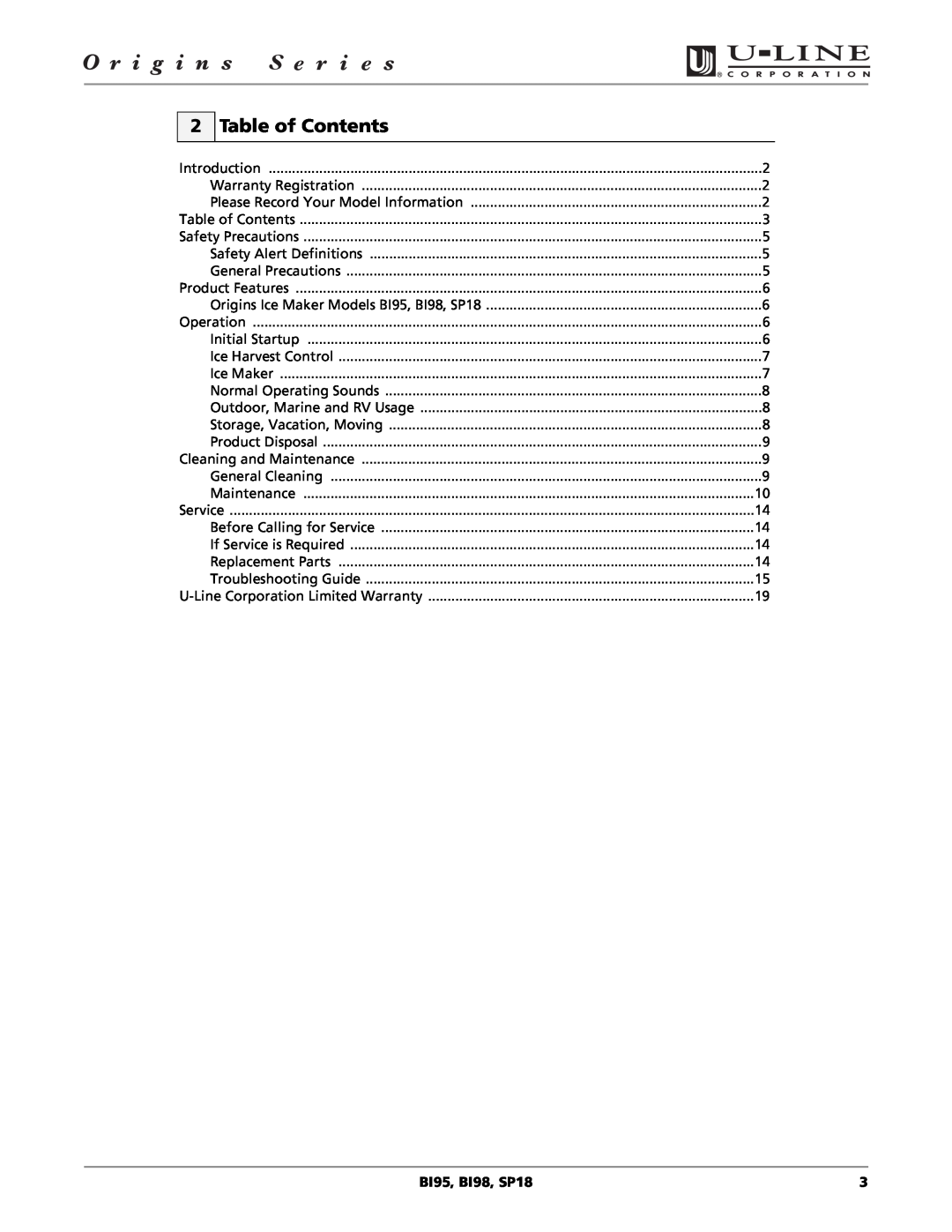 U-Line manual Table of Contents, BI95, BI98, SP18 
