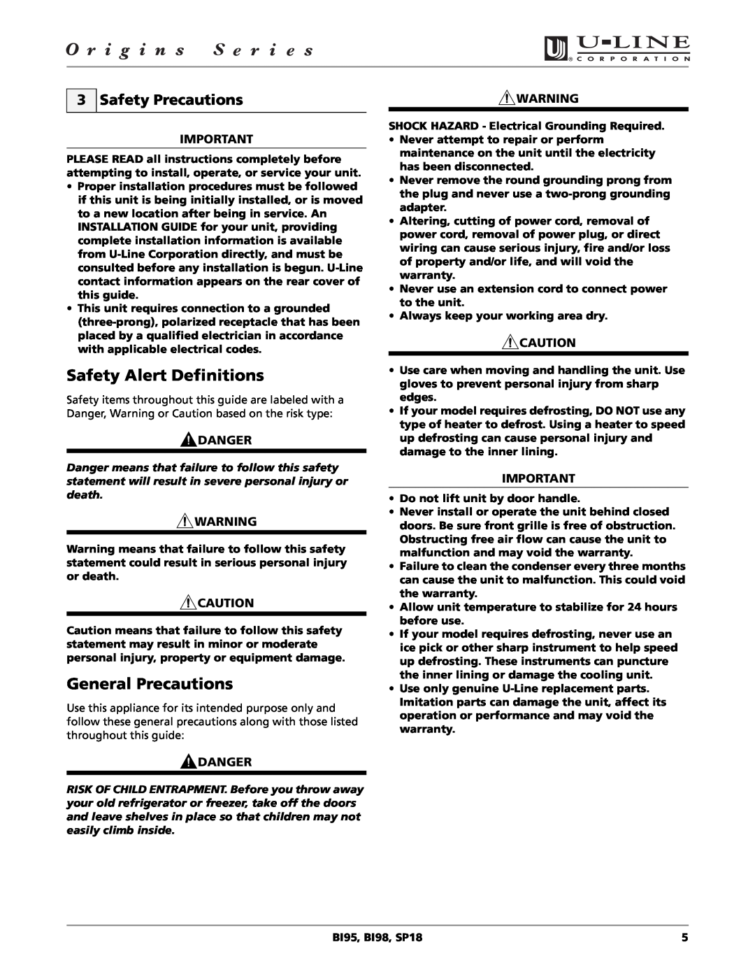 U-Line BI95, SP18, BI98 manual Safety Alert Definitions, General Precautions, Safety Precautions, Danger 
