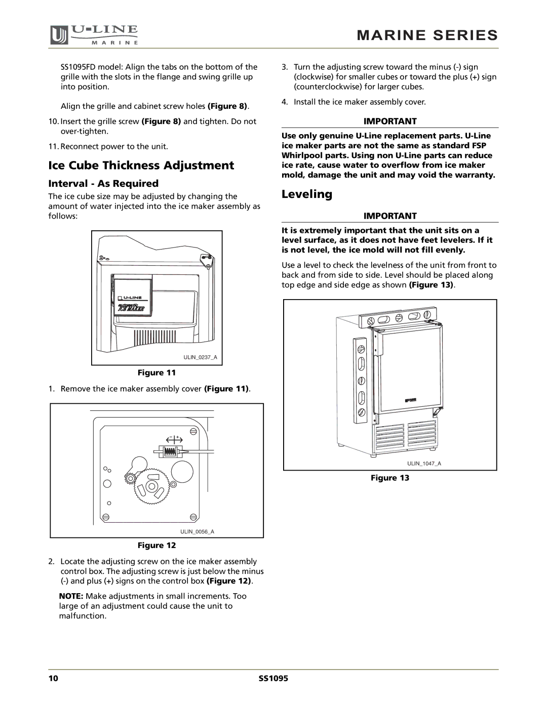 U-Line SS1095 manual Ice Cube Thickness Adjustment, Leveling 