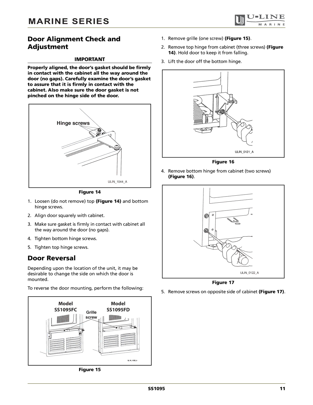 U-Line SS1095 manual Door Alignment Check Adjustment, Door Reversal 