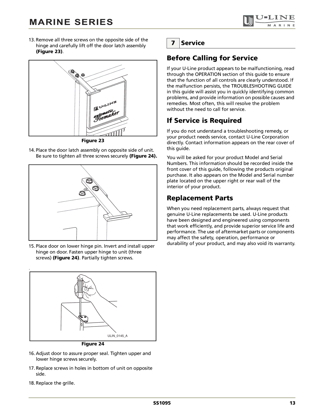 U-Line SS1095 manual Before Calling for Service, If Service is Required, Replacement Parts 