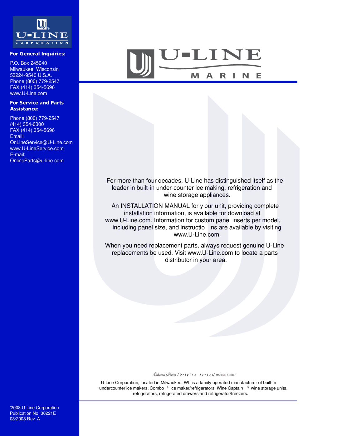 U-Line SS1095 manual For General Inquiries For Service and Parts Assistance 