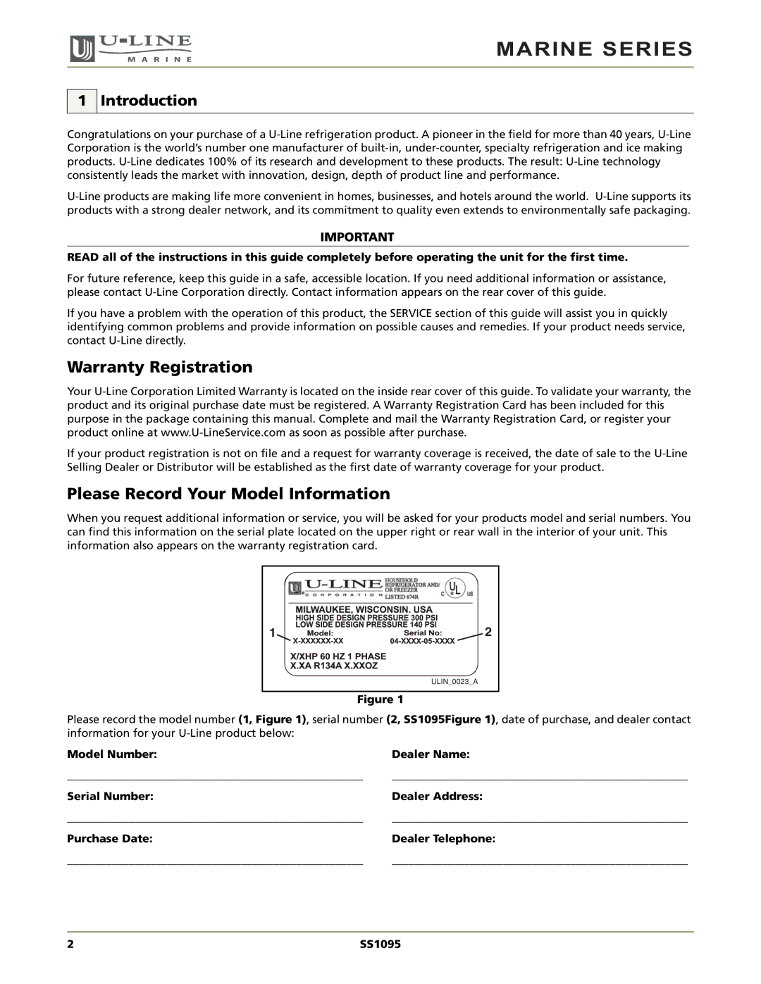 U-Line SS1095 manual Warranty Registration, Please Record Your Model Information, Introduction 