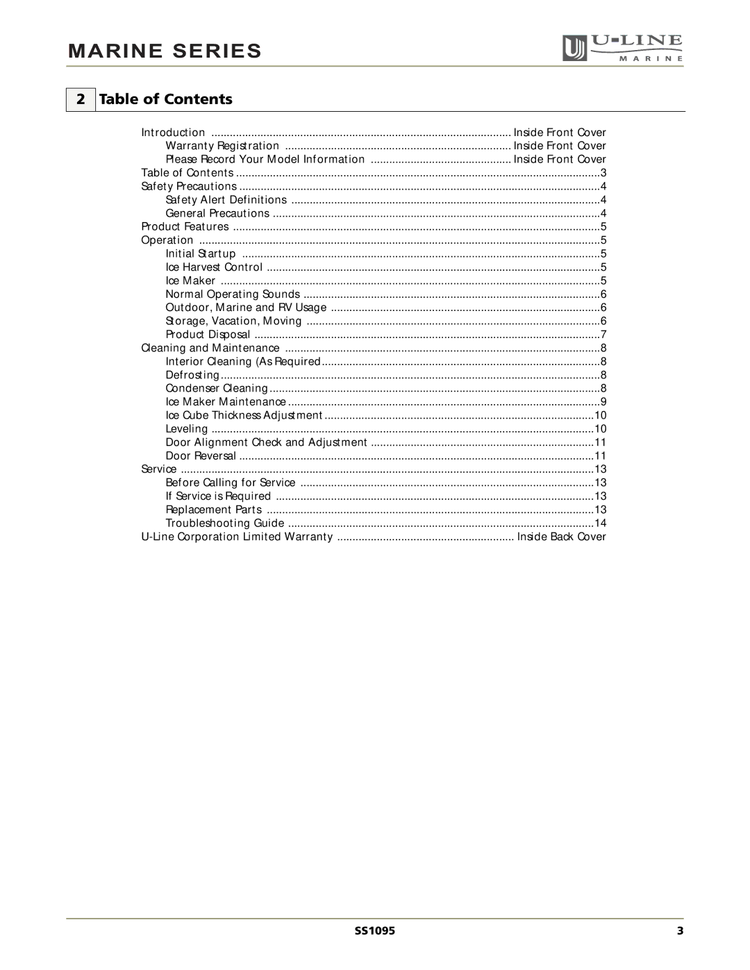 U-Line SS1095 manual Table of Contents 