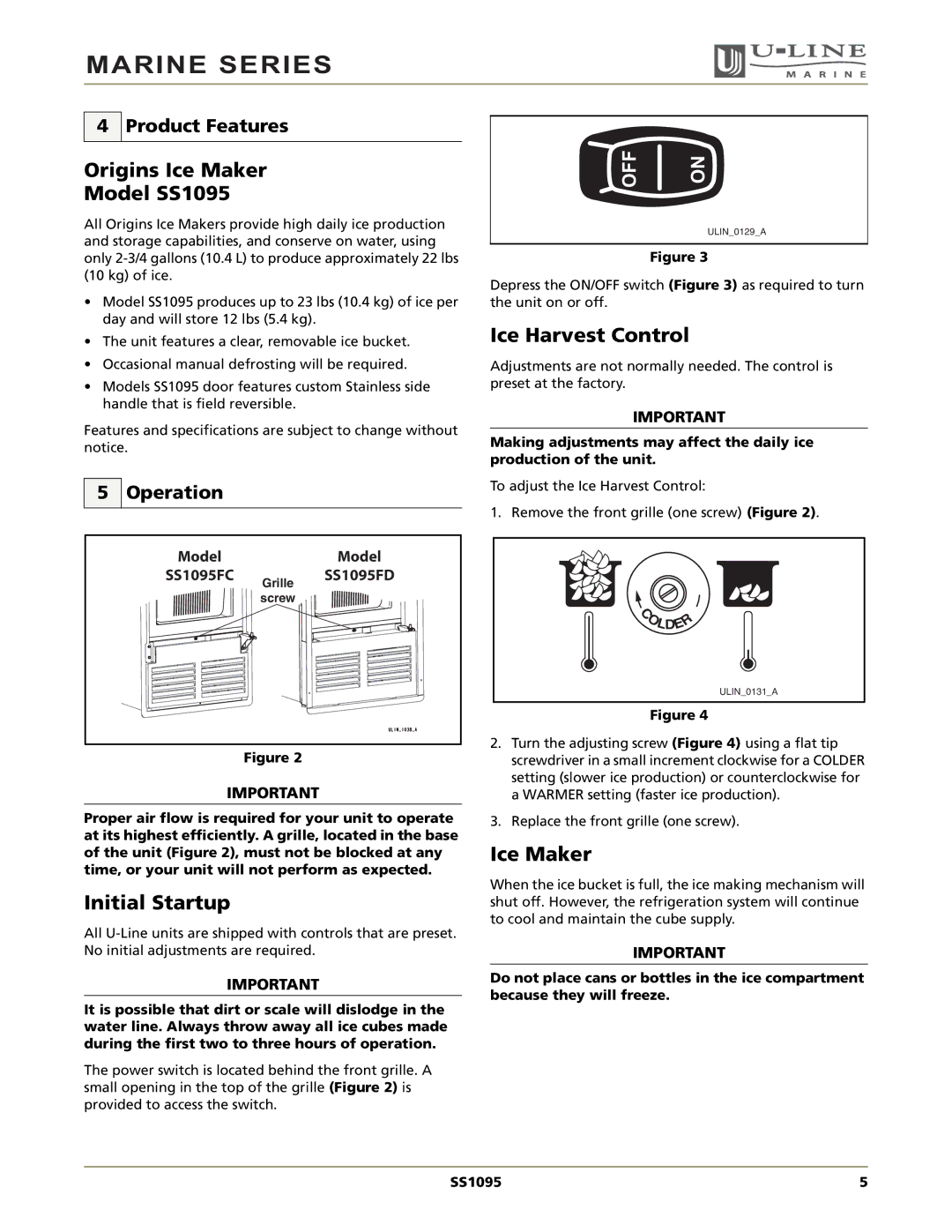 U-Line manual Origins Ice Maker Model SS1095, Initial Startup, Ice Harvest Control 