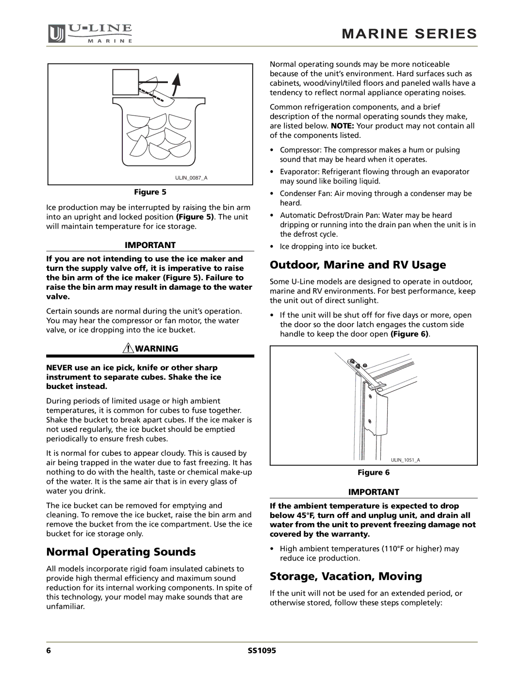 U-Line SS1095 manual Normal Operating Sounds, Outdoor, Marine and RV Usage, Storage, Vacation, Moving 